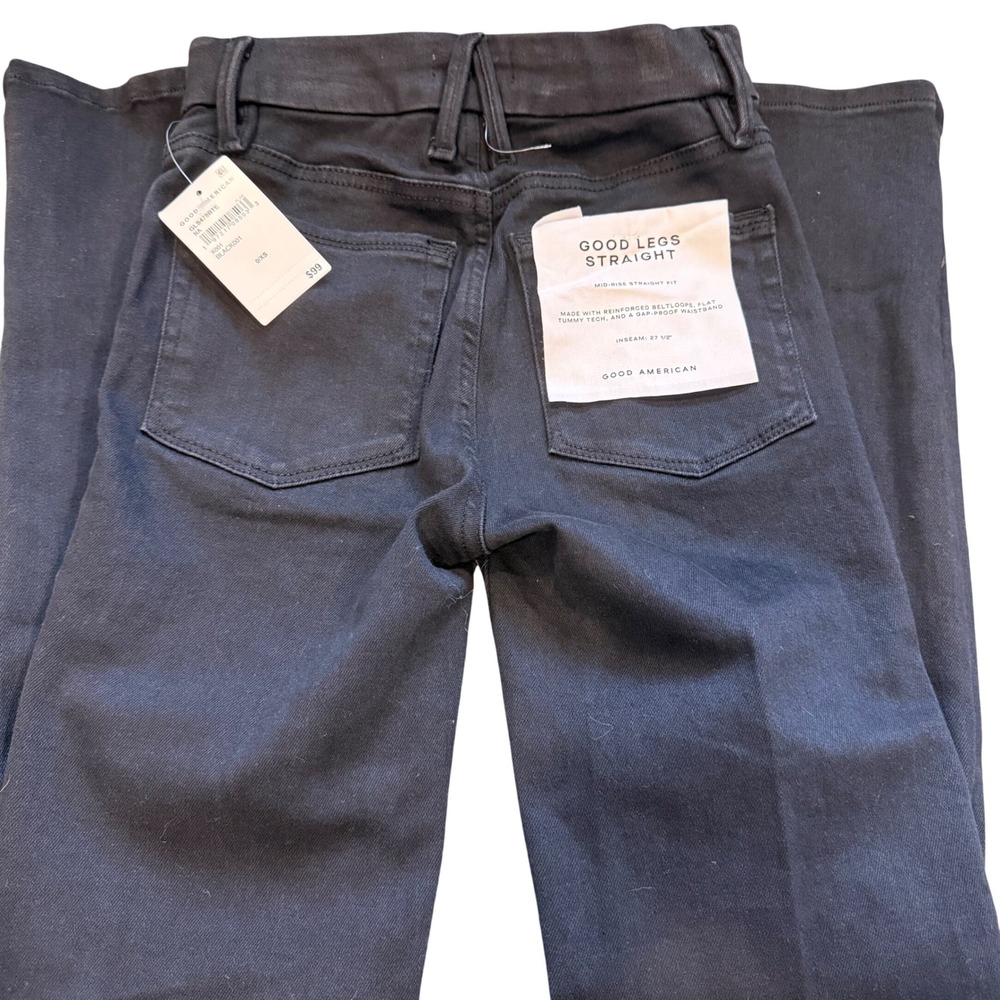 Good American Good Legs Straight Jeans Black Mid Rise Tummy Tech GLS478BTE 0 XS